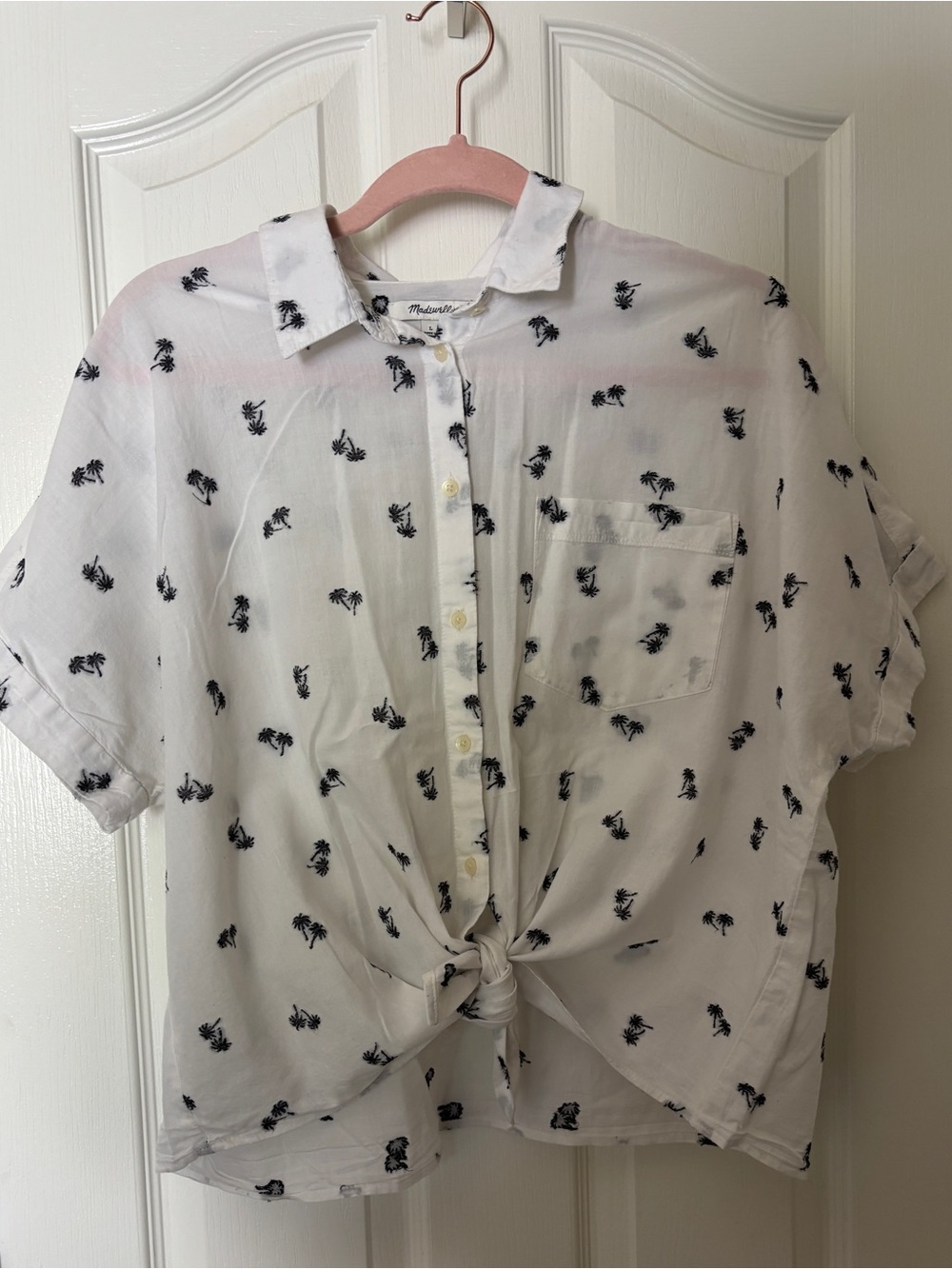 Madewell White Blouse with Black Palm Tree Pattern & Tie Front ~ Women’s Large - Picture 1 of 13